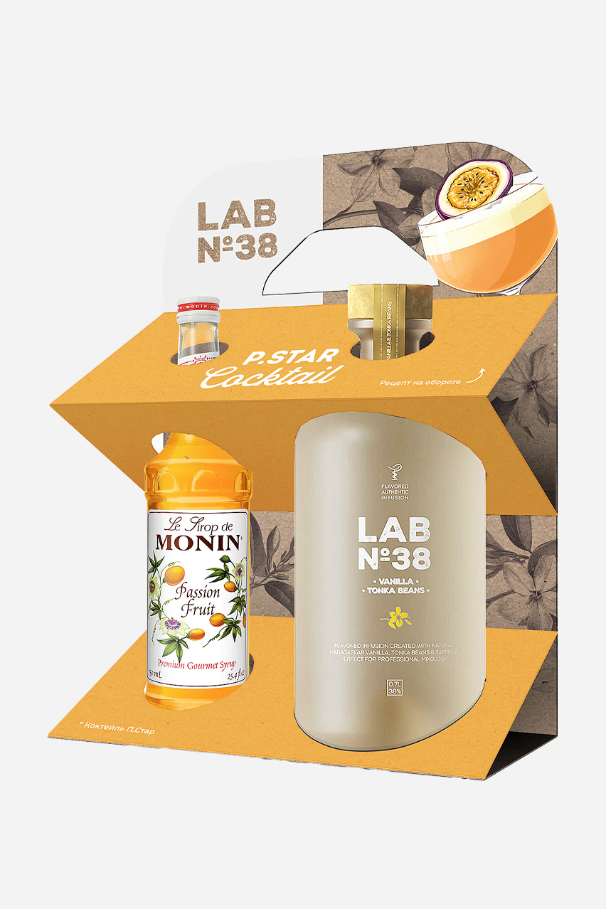 Подарочный набор «Вкусовая водка LAB№38 Ваниль, Бобы Тонка 0.7л + Сироп Монин Маракуйя 0.25л»